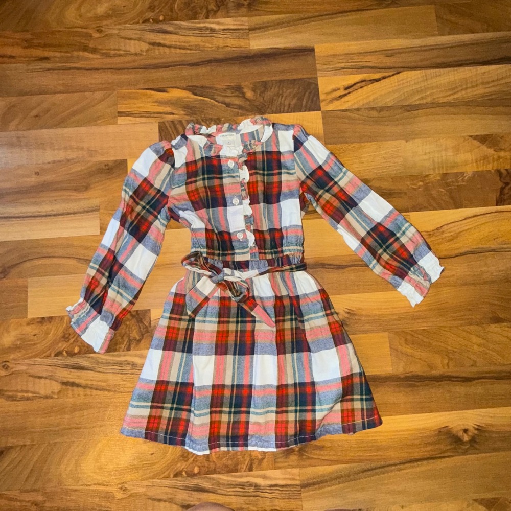 Crewcuts Plaid Button Down Ruffle Dress Size 4 Long Sleeve Belt cotton holiday
